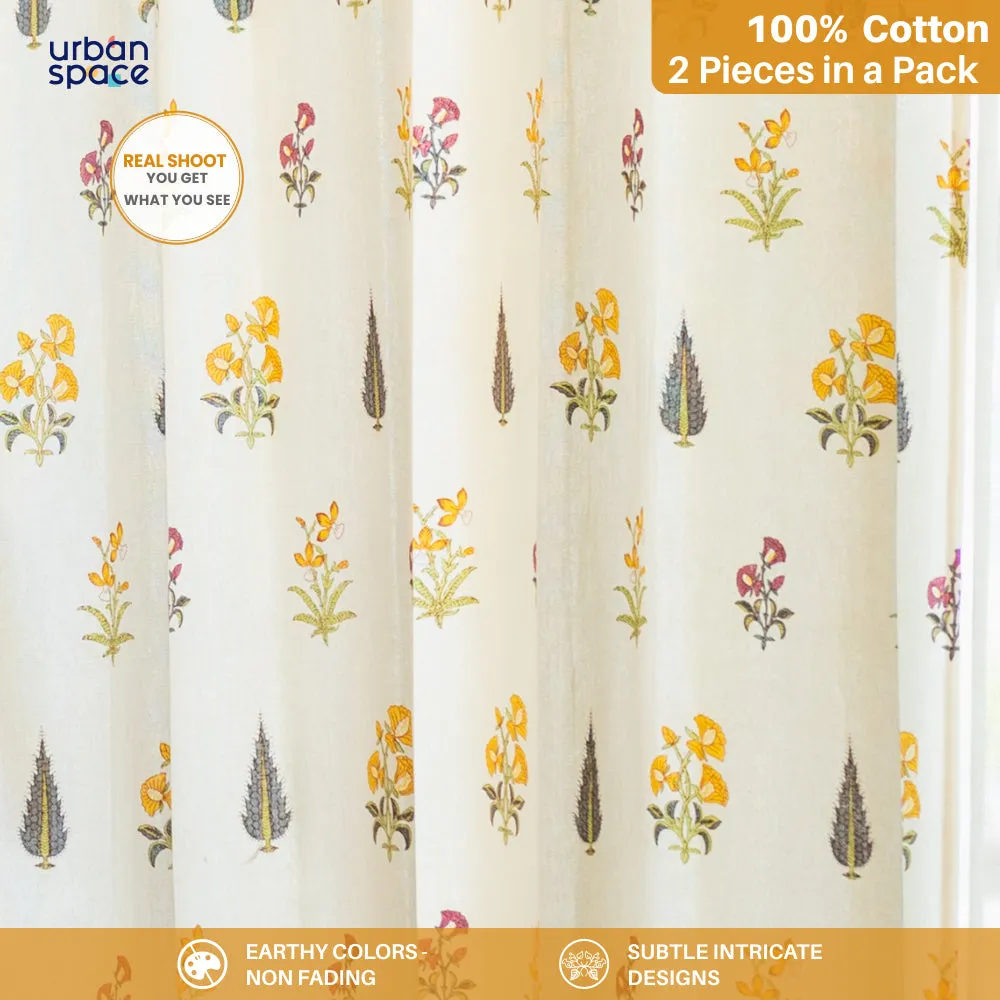 100% Cotton, room darkening ethnic curtains, Pack of 2 Curtains - High Garden Yellow