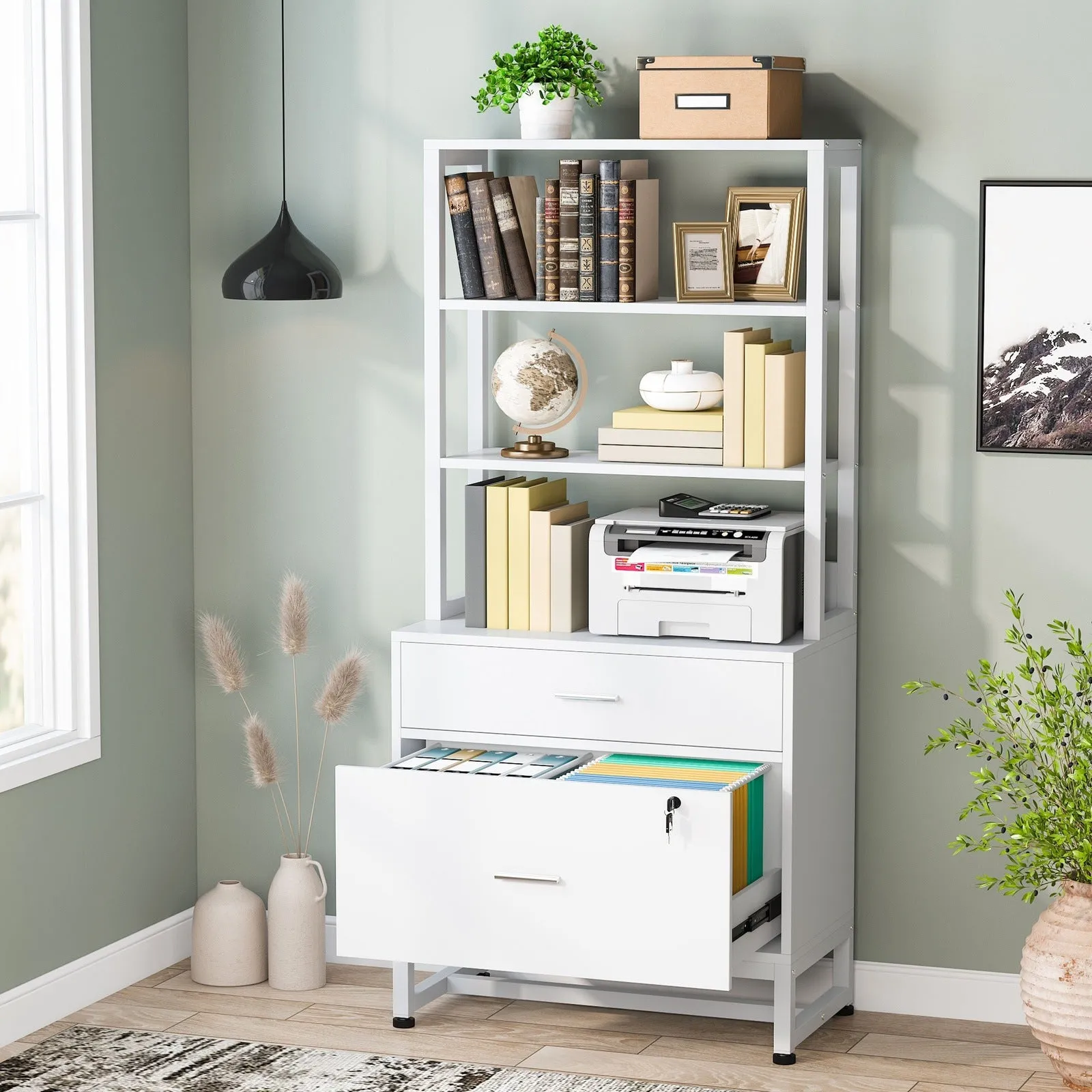 2-Drawer File Cabinet, Vertical Filing Cabinet with Lock & Bookshelf