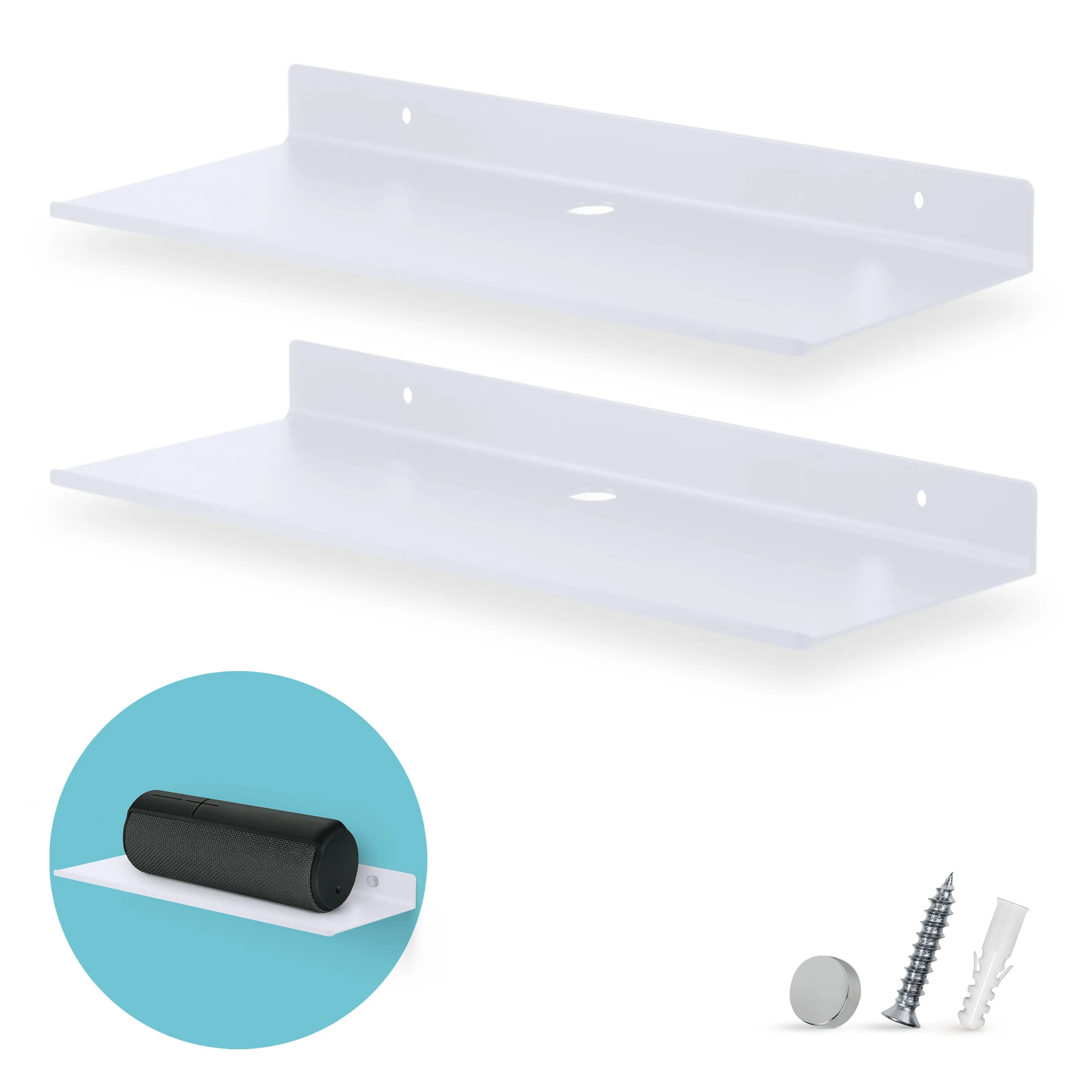 2-Pack 12" Floating Metal Wall Shelf for Speakers, Books, Decor, Plants, Cameras, Photos, Kitchen, Toilet, Routers & More Universal Small Holder Shelves