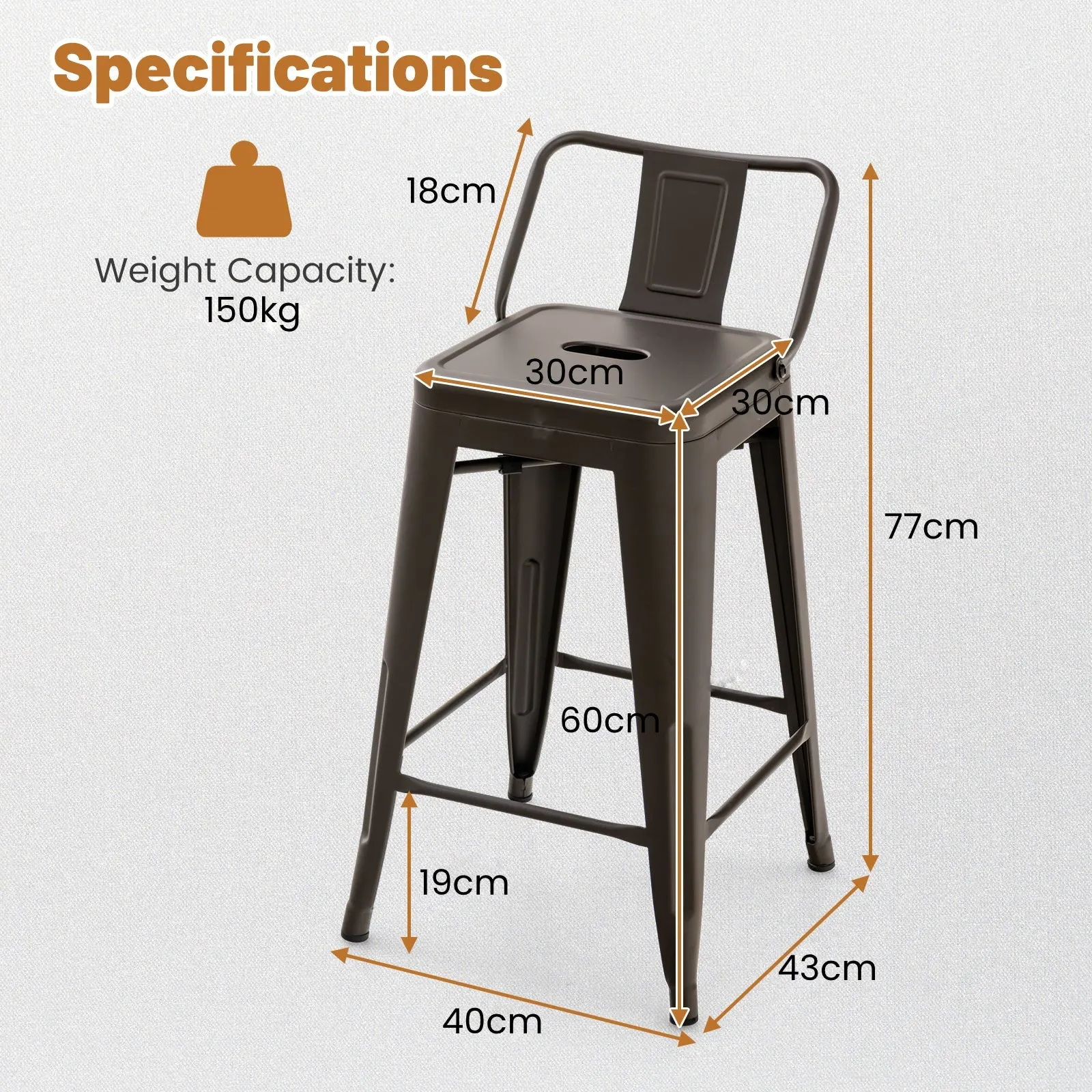 24” Metal Chairs Set of 4 with Removable Back-Gun