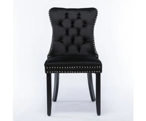 2x Velvet Dining Chairs Upholstered Tufted Kithcen Chair with Solid Wood Legs Stud Trim and Ring-Black