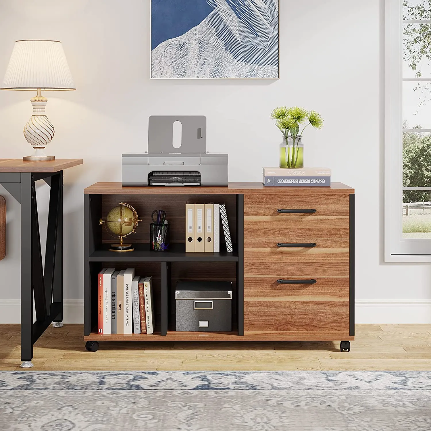 3-Drawer File Cabinet, Wood Filing Cabinet with Lock Wheels for A4/Letter Size