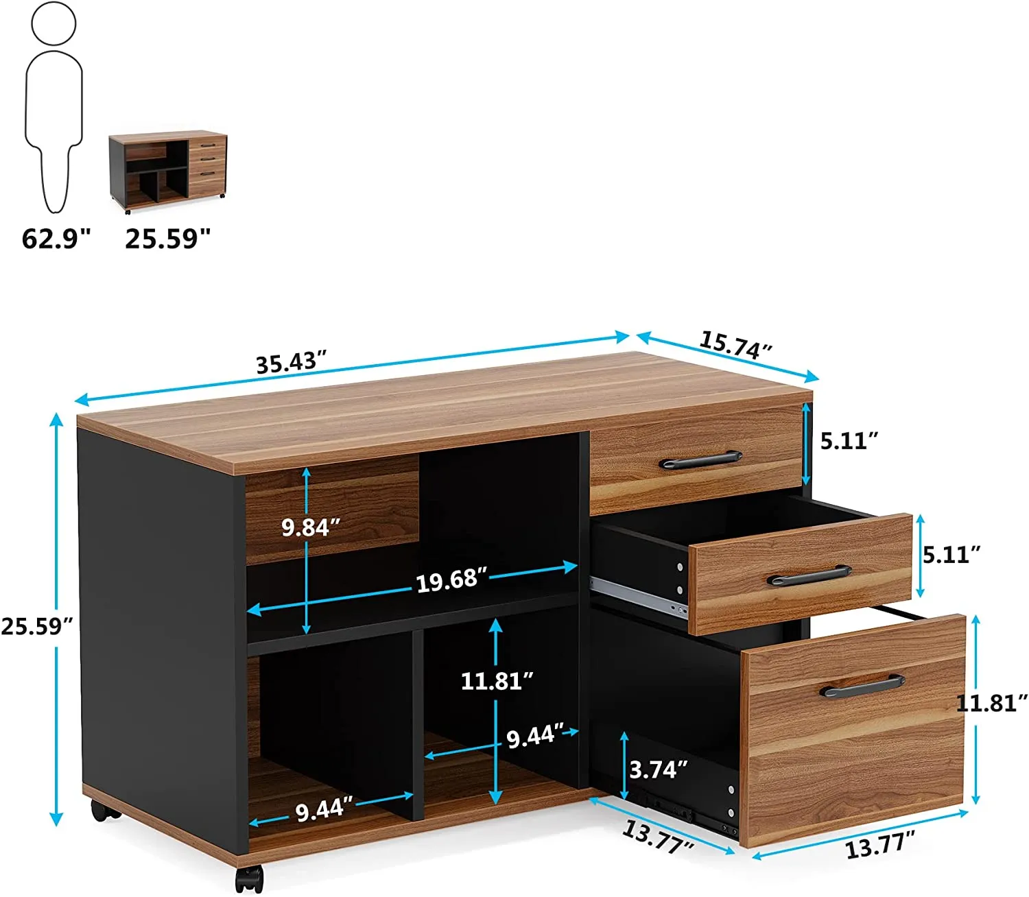 3-Drawer File Cabinet, Wood Filing Cabinet with Lock Wheels for A4/Letter Size