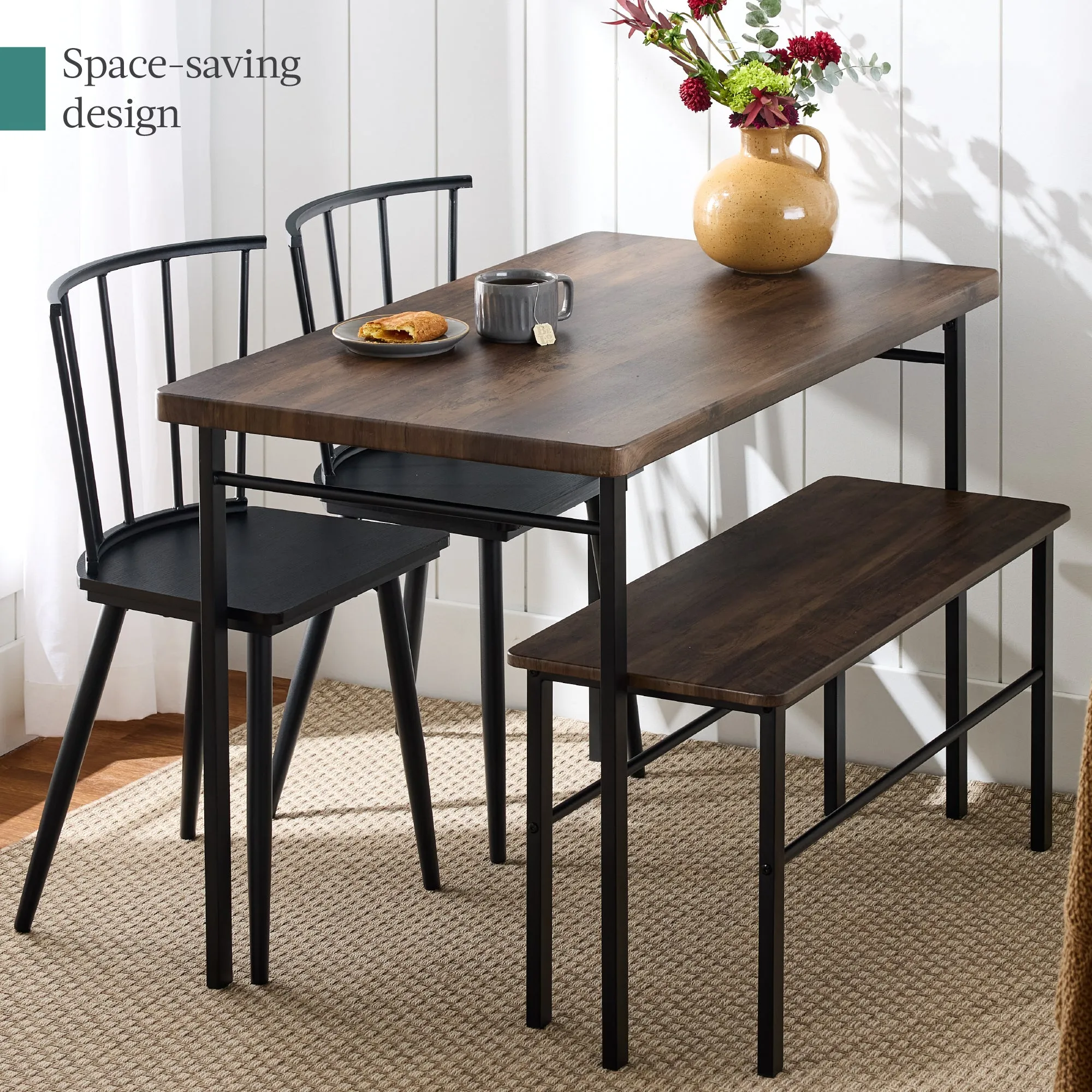 4-Piece Dining Kitchen Table Set w/ 2 Black Spindle-Back Chairs, Bench