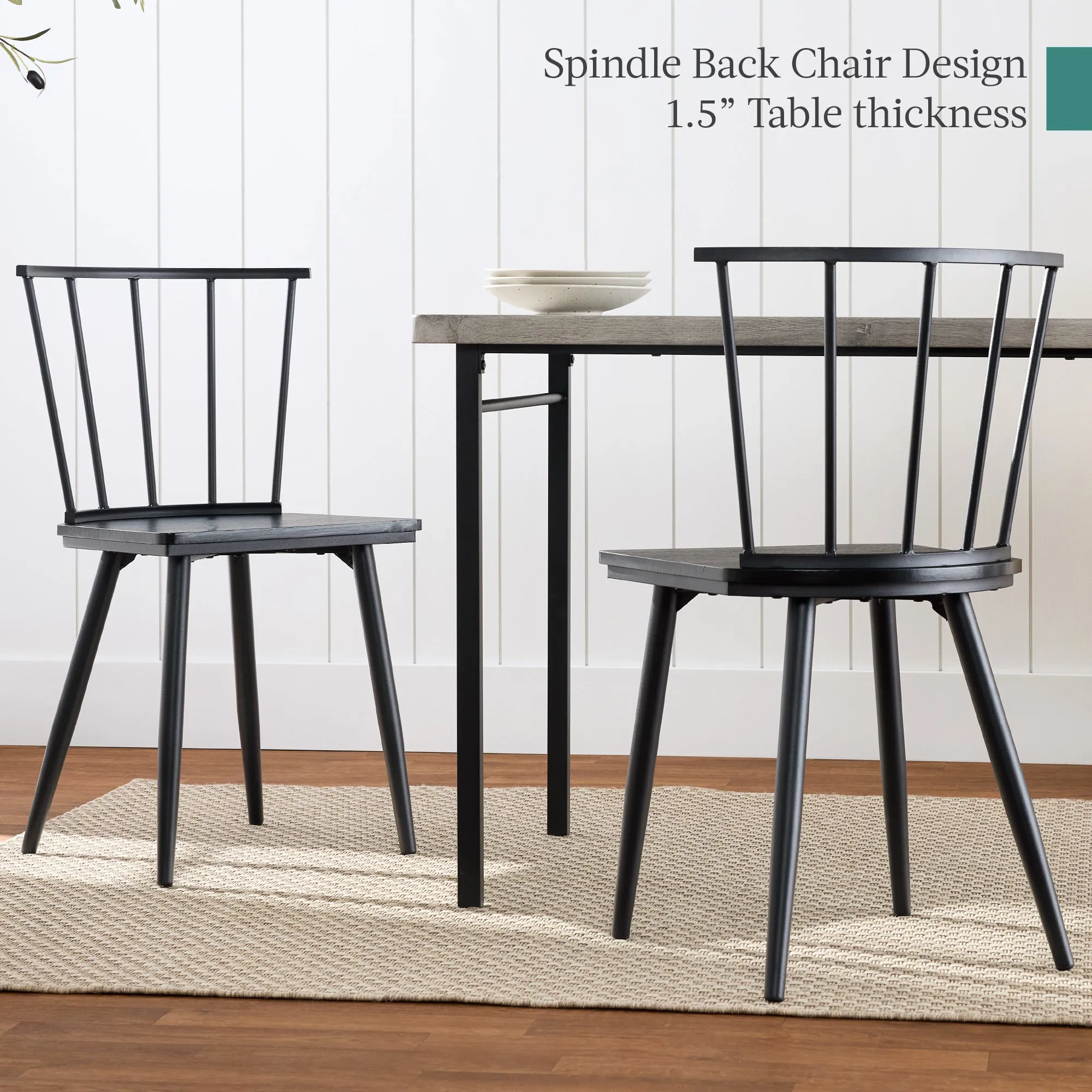 4-Piece Dining Kitchen Table Set w/ 2 Black Spindle-Back Chairs, Bench