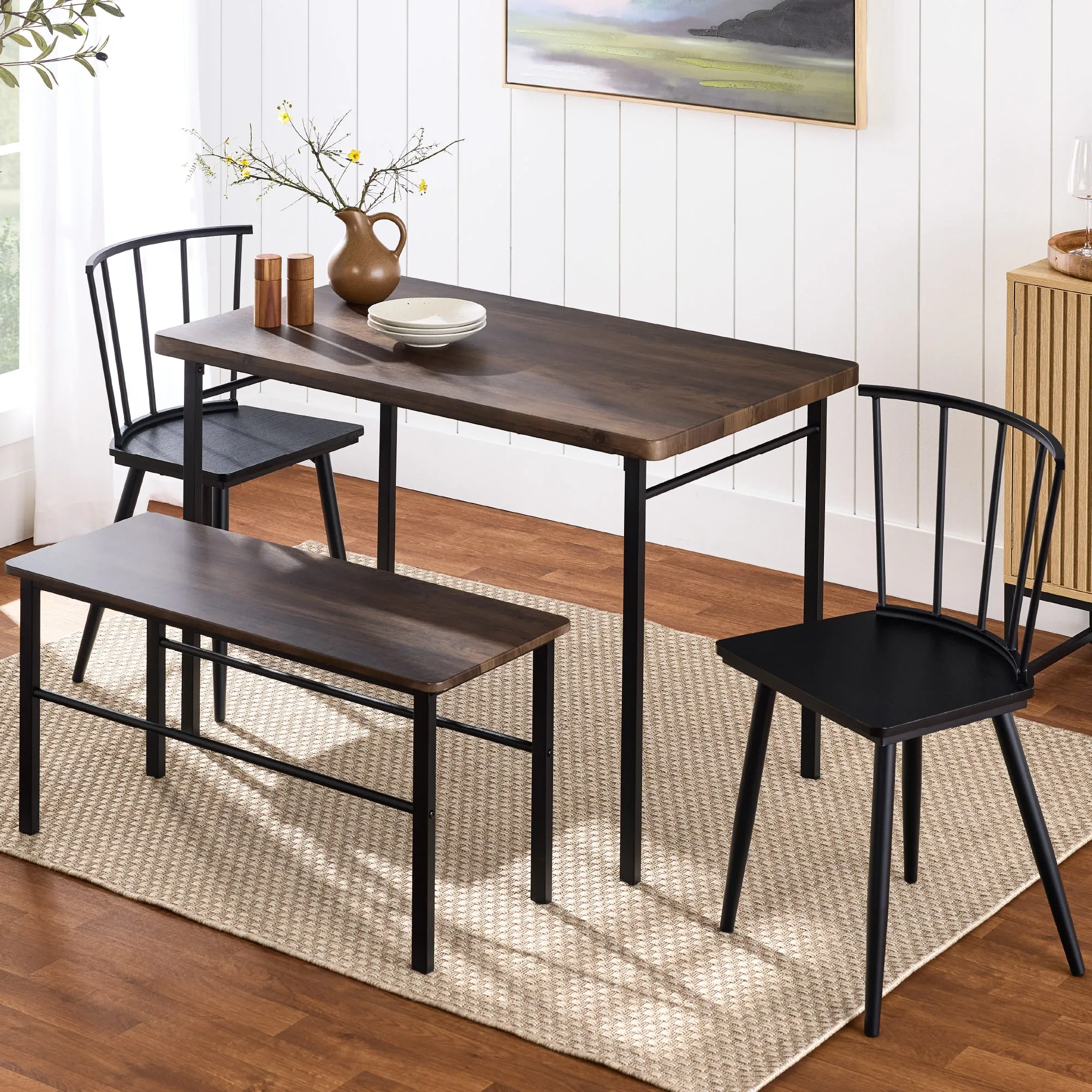 4-Piece Dining Kitchen Table Set w/ 2 Black Spindle-Back Chairs, Bench