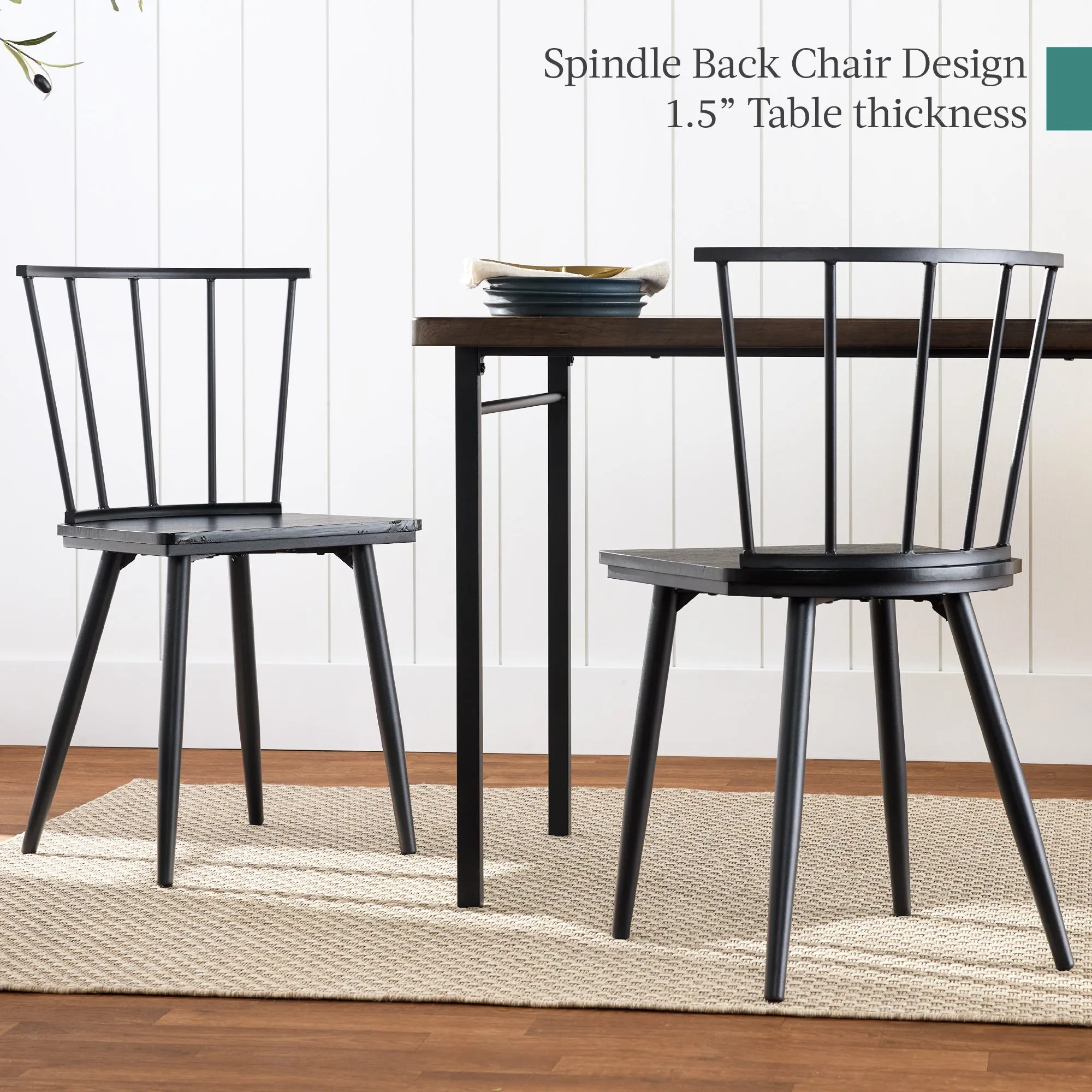 4-Piece Dining Kitchen Table Set w/ 2 Black Spindle-Back Chairs, Bench