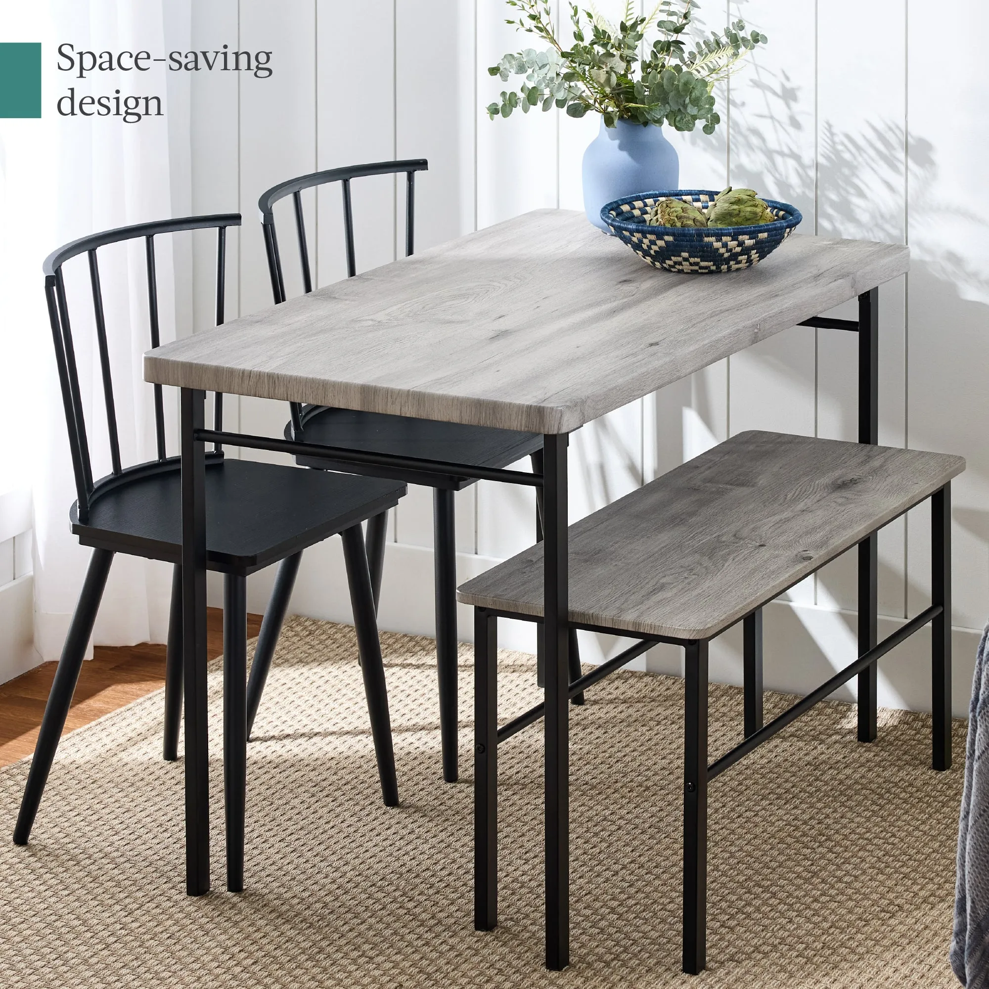 4-Piece Dining Kitchen Table Set w/ 2 Black Spindle-Back Chairs, Bench