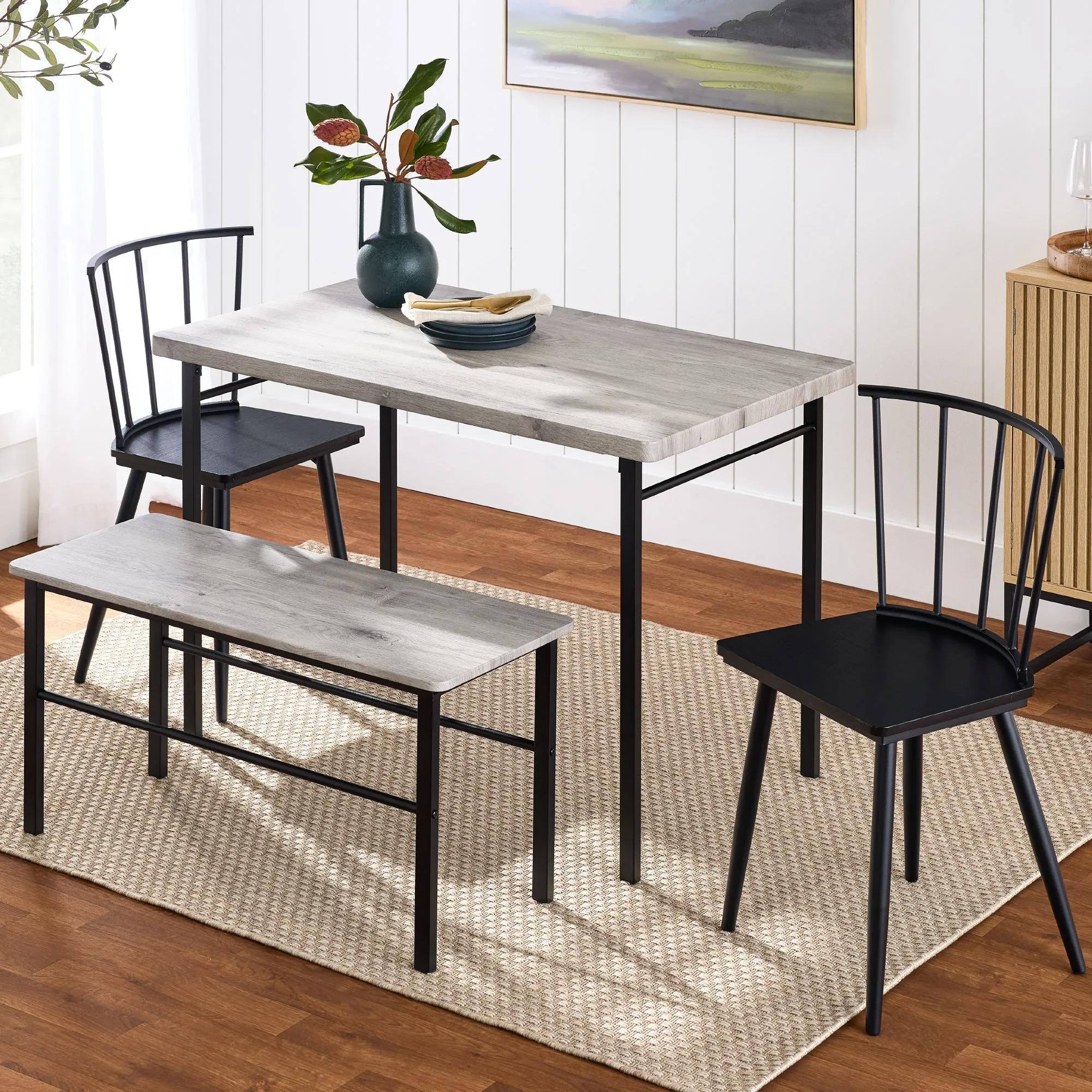 4-Piece Dining Kitchen Table Set w/ 2 Black Spindle-Back Chairs, Bench