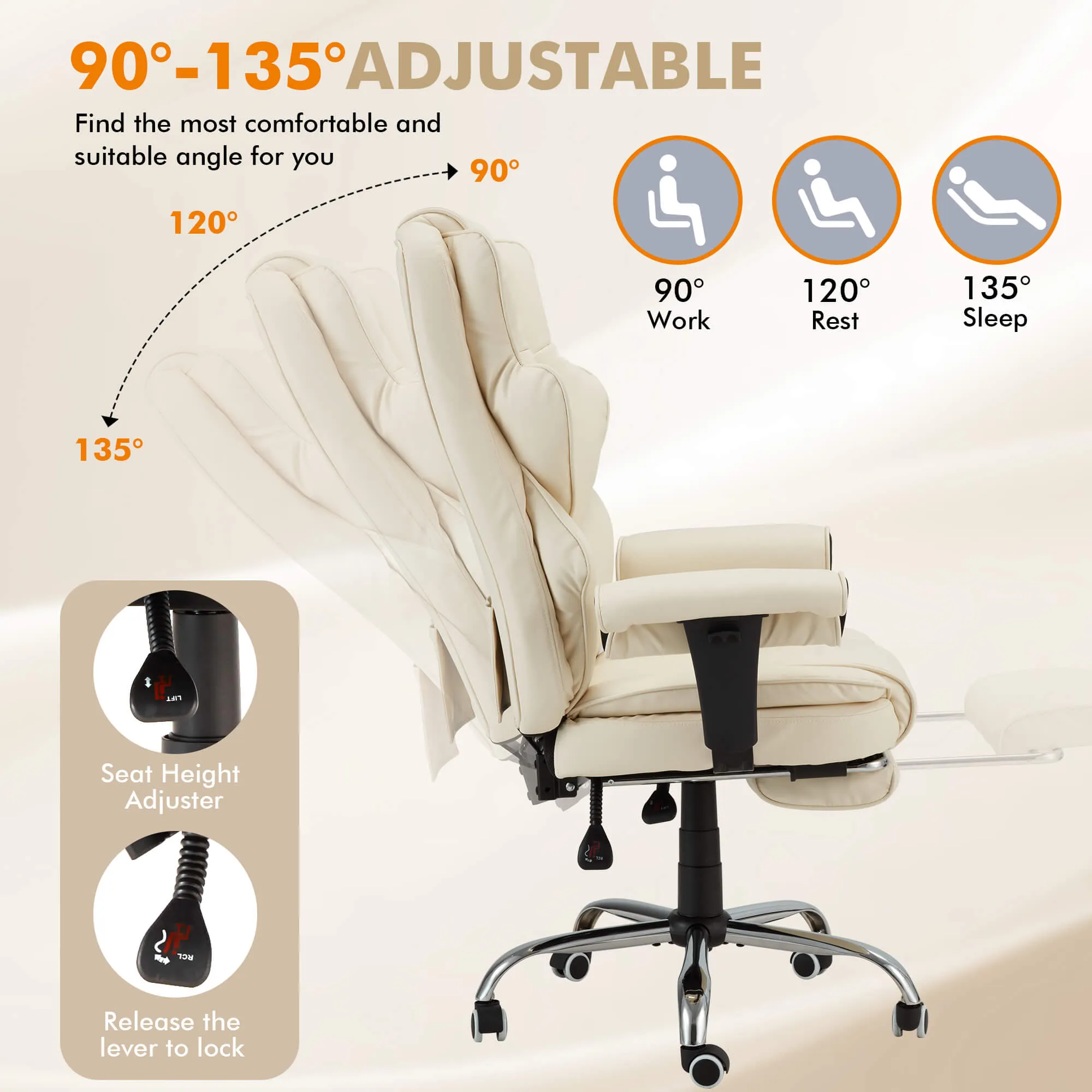 6-Point Massage Heat Ergonomic Reclining Office Chair with Footrest Beige