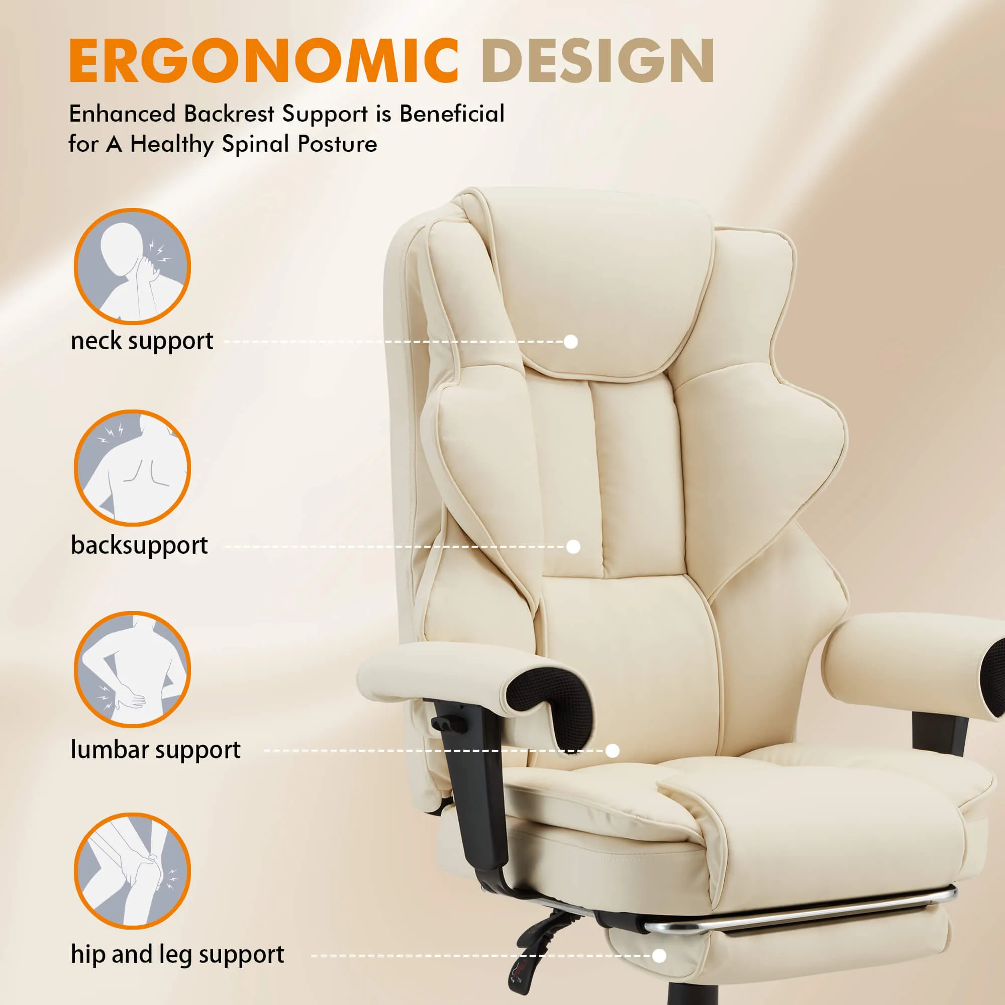 6-Point Massage Heat Ergonomic Reclining Office Chair with Footrest Beige