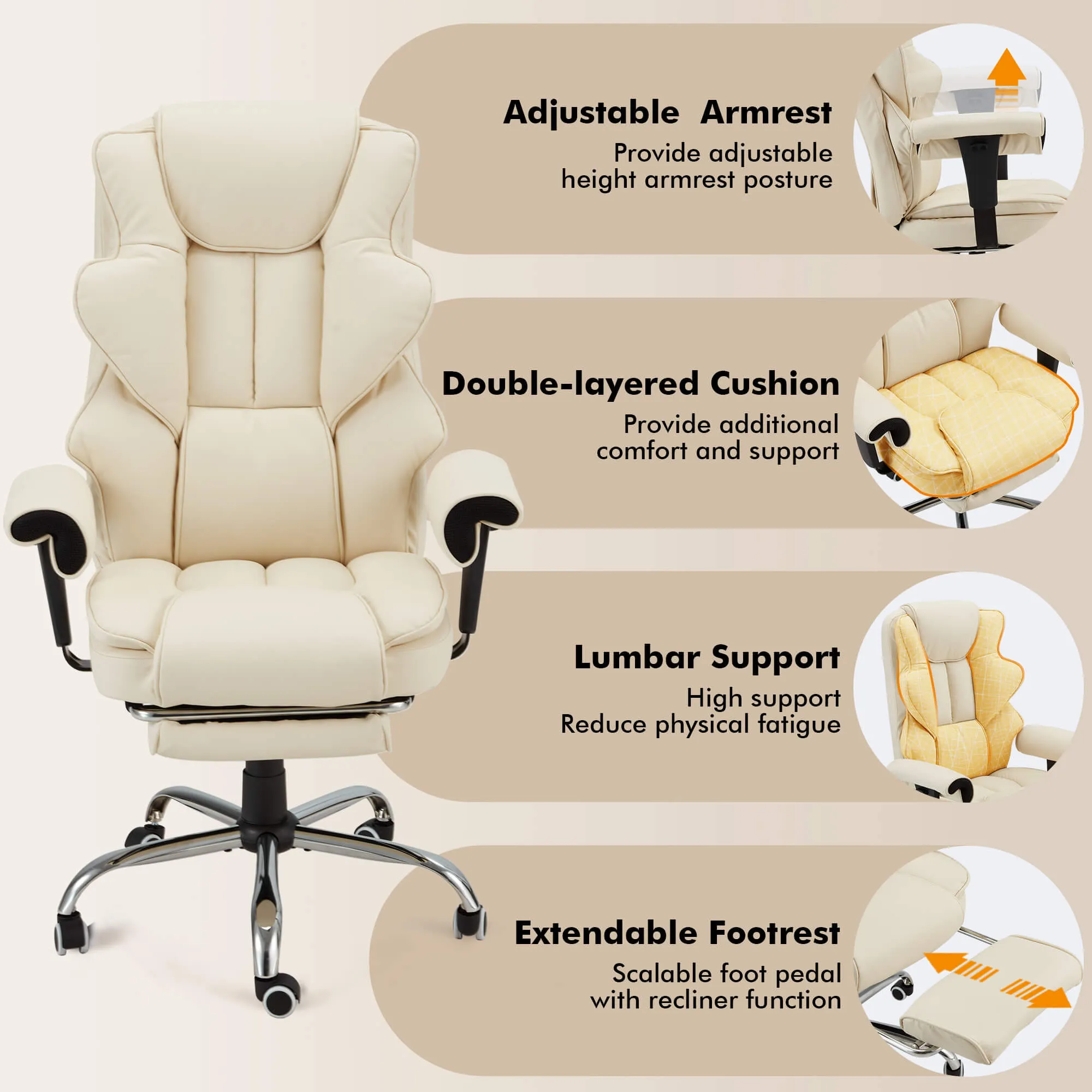 6-Point Massage Heat Ergonomic Reclining Office Chair with Footrest Beige