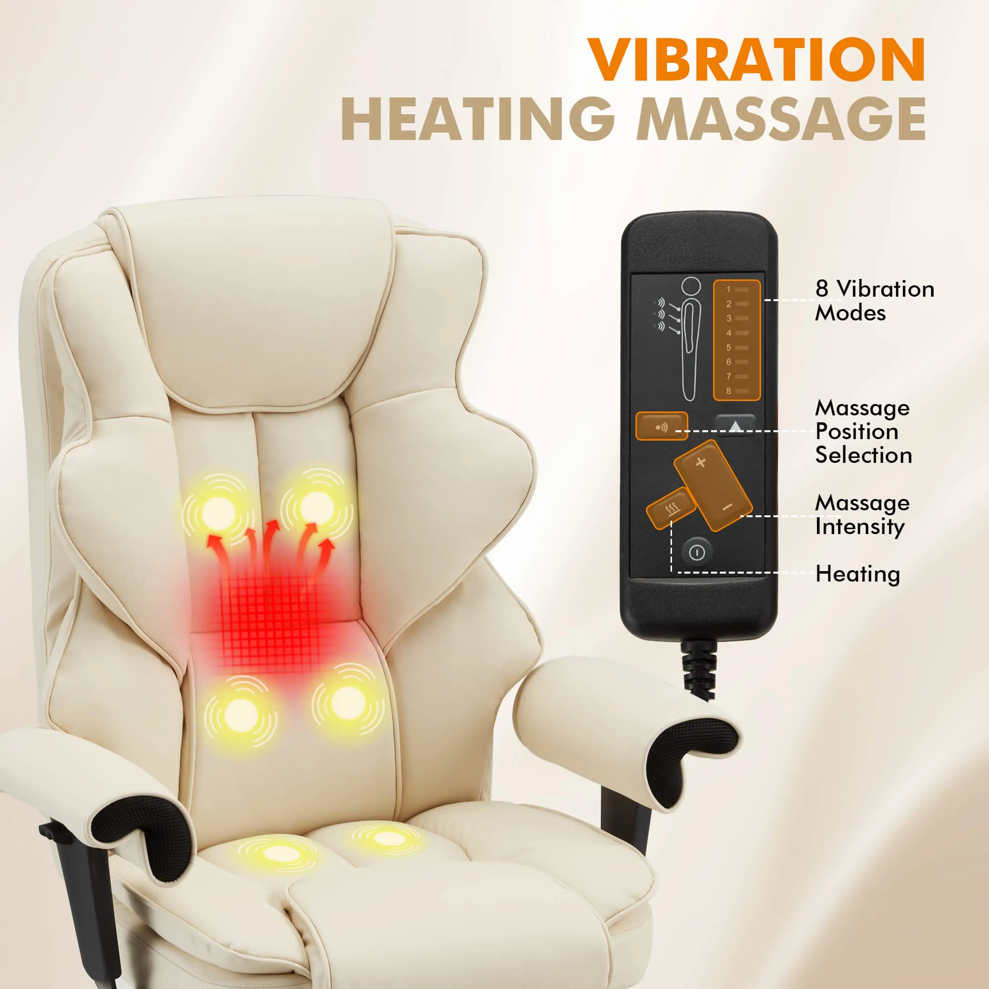 6-Point Massage Heat Ergonomic Reclining Office Chair with Footrest Beige