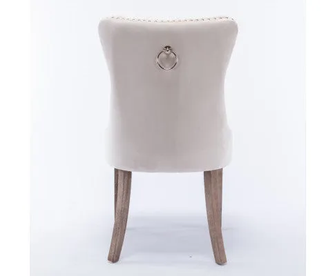 6x Velvet Dining Chairs Upholstered Tufted Kithcen Chair with Solid Wood Legs Stud Trim and Ring-Beige