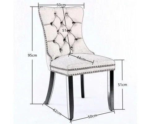 6x Velvet Dining Chairs Upholstered Tufted Kithcen Chair with Solid Wood Legs Stud Trim and Ring-Beige