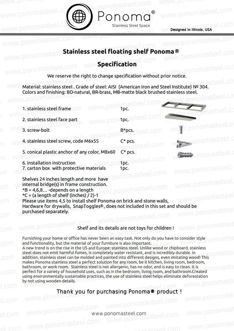 85.5"x12"x2.5" (cm.217.2x30.5x6.4) stainless steel floating shelf