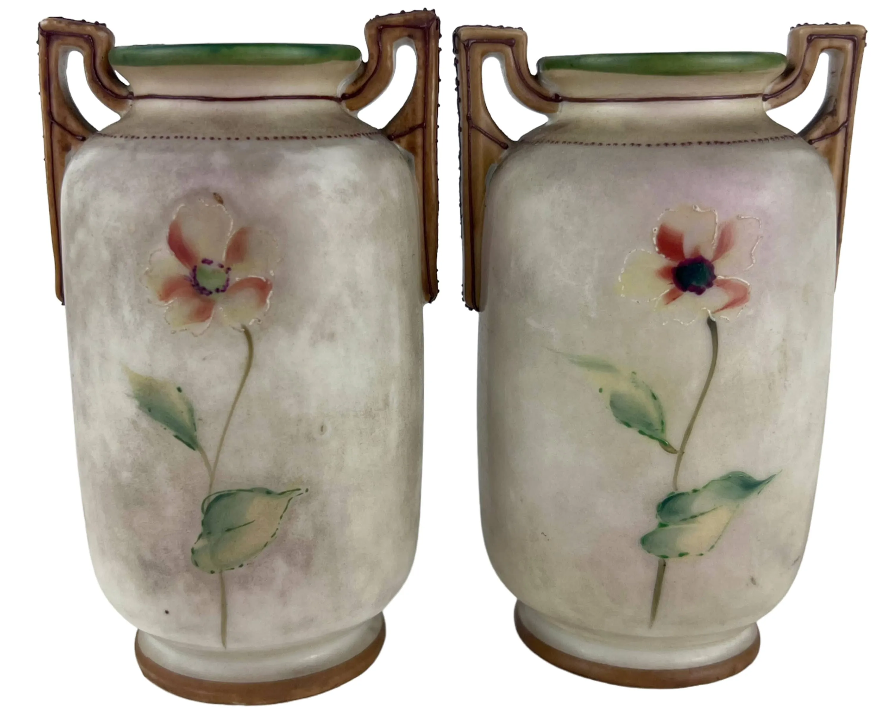 Antique Nippon Porcelain Miniature Vases Hand Painted Scene Matched Pair Morimura M Mark