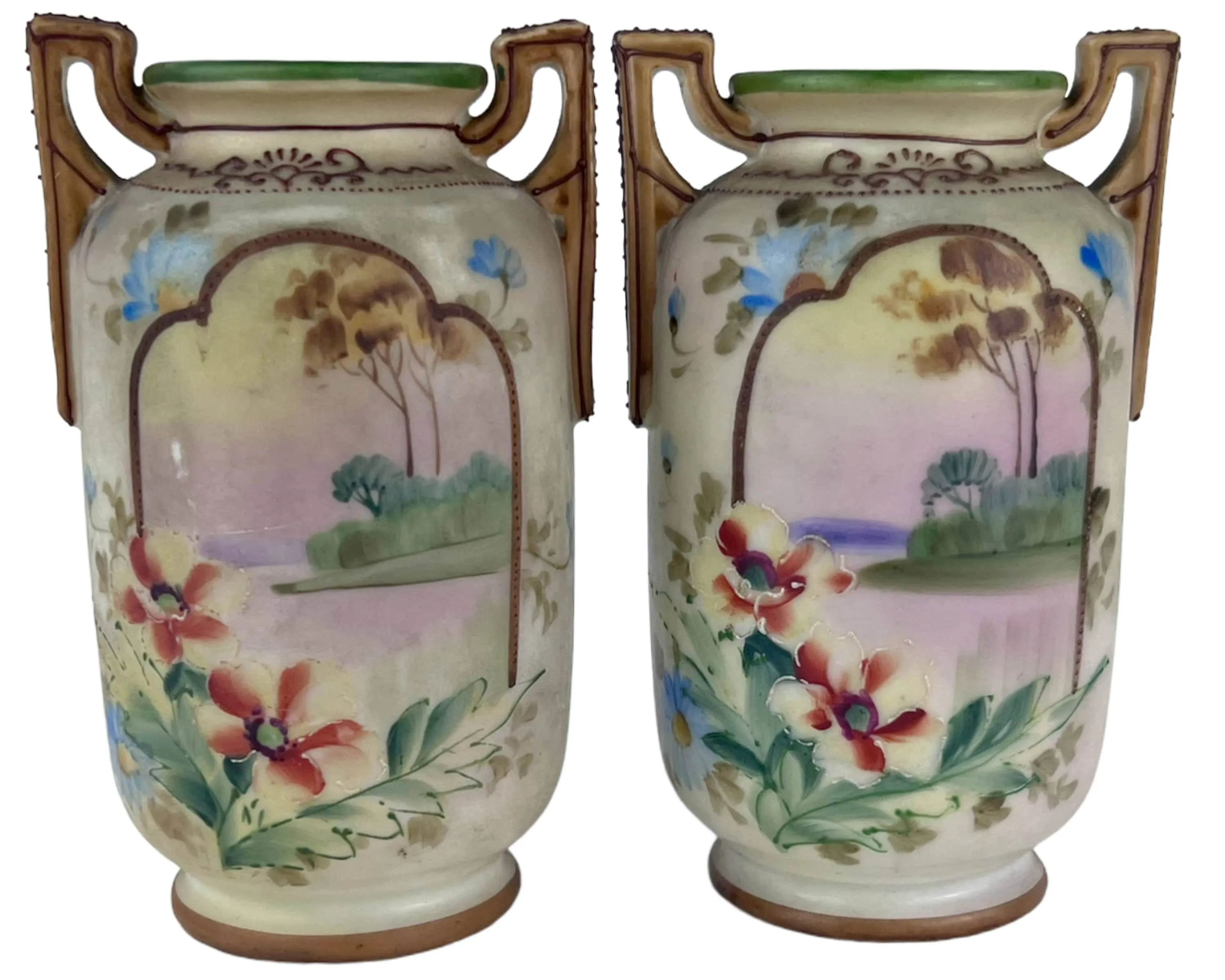 Antique Nippon Porcelain Miniature Vases Hand Painted Scene Matched Pair Morimura M Mark