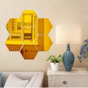 Atulya Arts Offering 3D Large Hexagon Acrylic Stickers, Pack of 7 with 10 Butterfly Acrylic Mirror Wall Stickers (Golden)