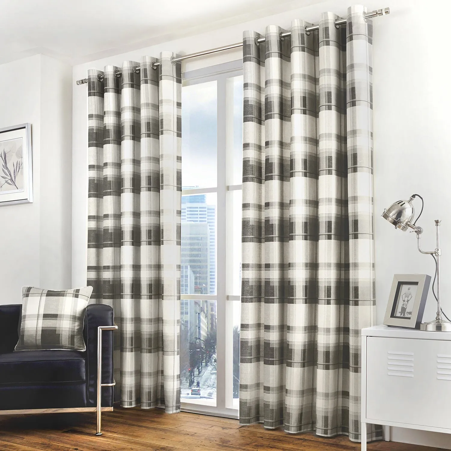 Balmoral Check Slate Eyelet Curtains