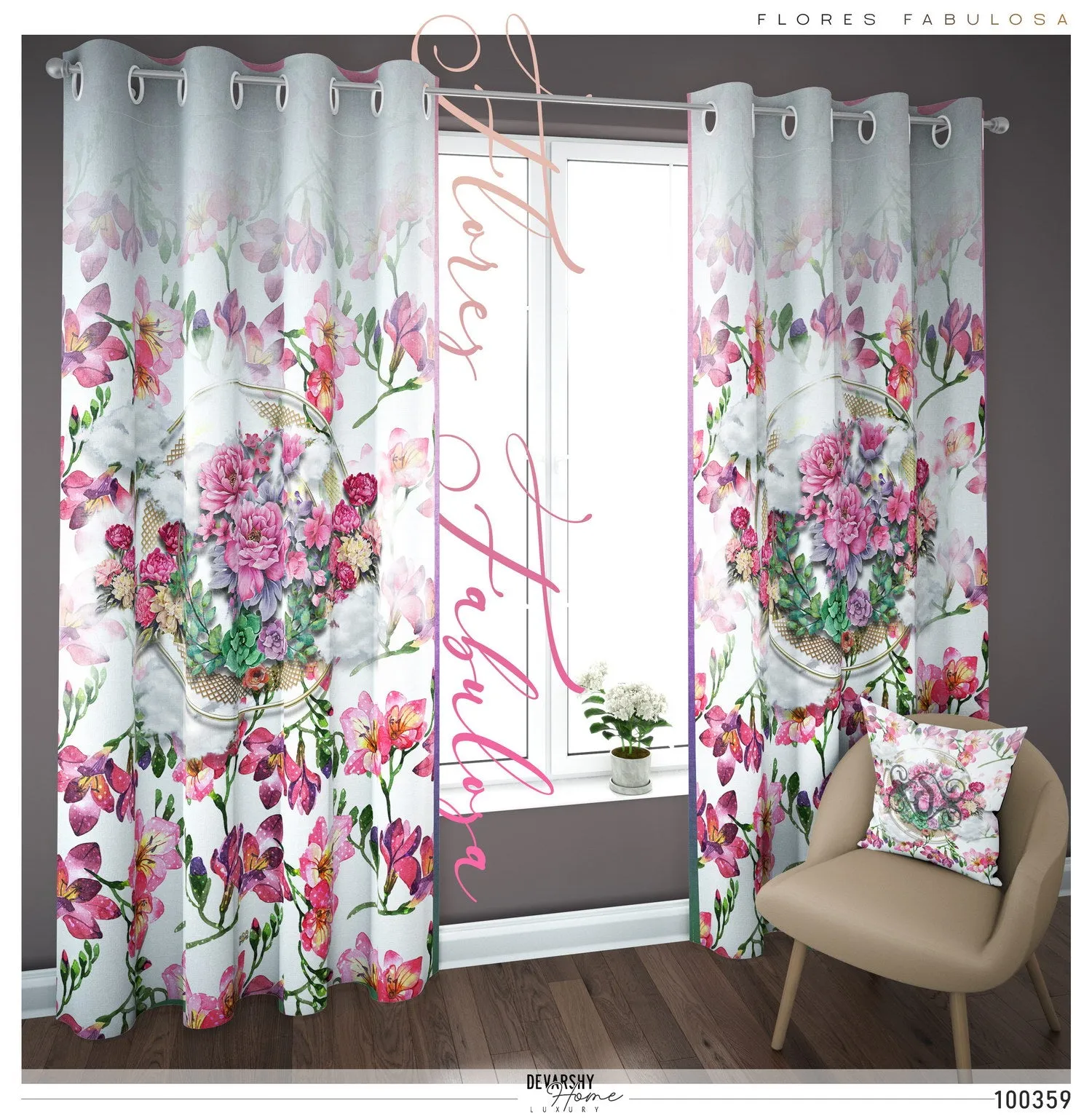 Basket Of Flowers Printed PREMIUM Curtain. Available on 12 Fabrics. Made to Order. 100359