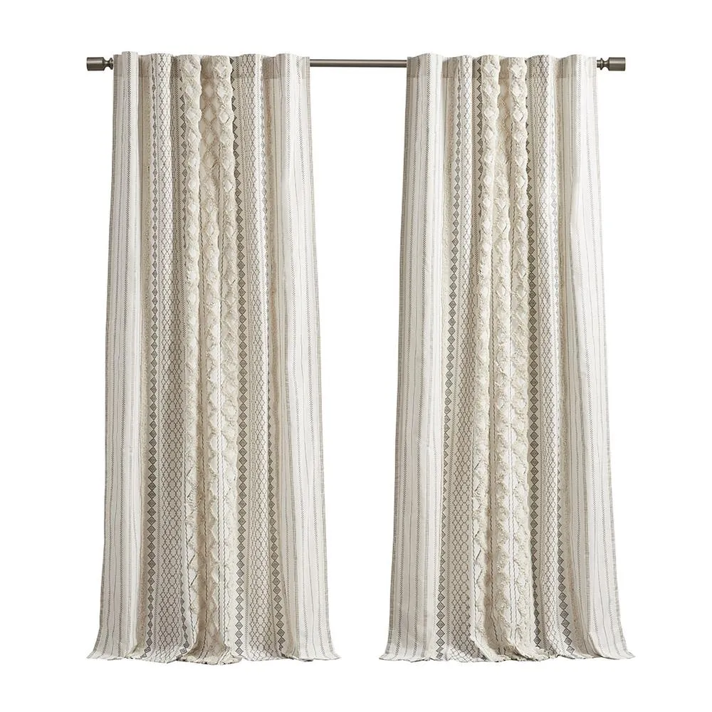 Beige Taupe Imani Cotton Printed Curtain Panel with Chenille Stripe and Lining