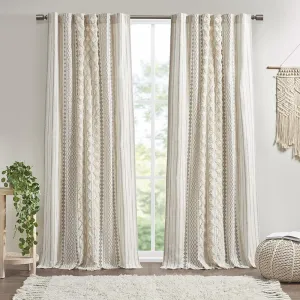 Beige Taupe Imani Cotton Printed Curtain Panel with Chenille Stripe and Lining