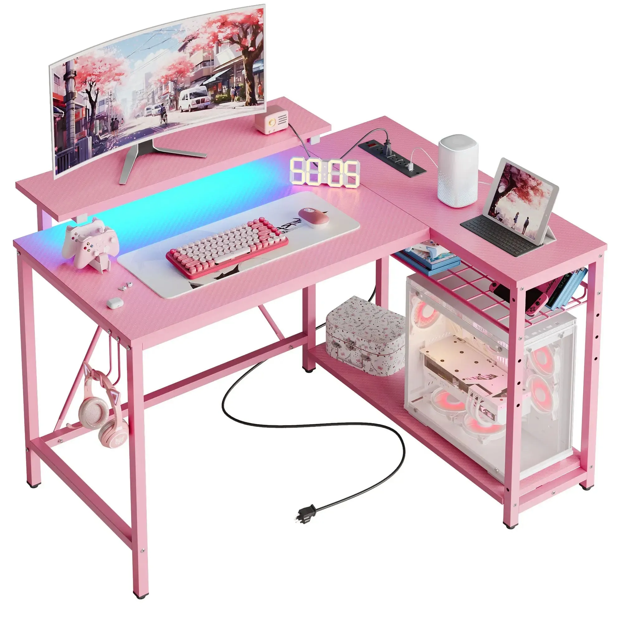 Bestier 42 inch Small L Shaped Gaming Desk with Charging Port & LED Strip