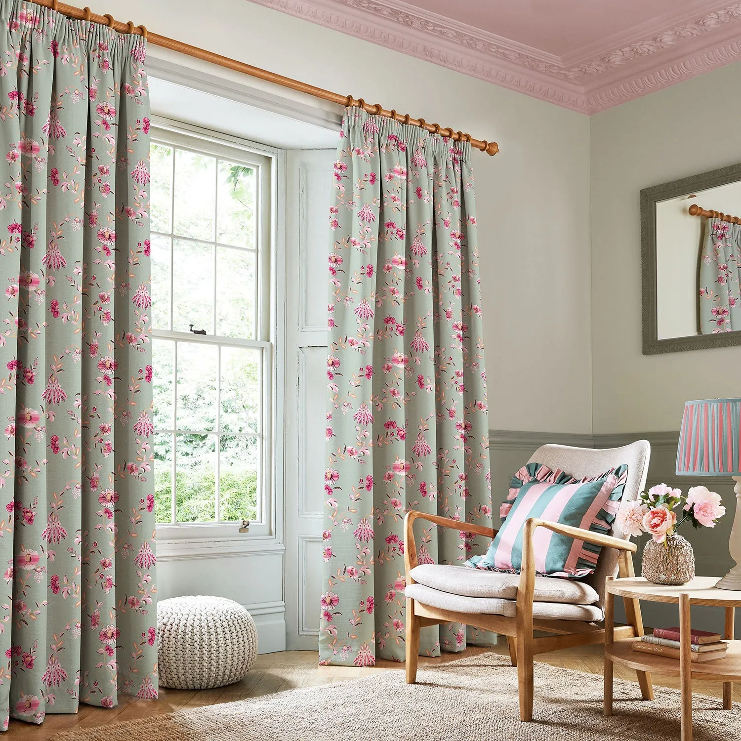 Cath Kidston Friendship Gardens Sage Blackout Pencil Pleat Curtains