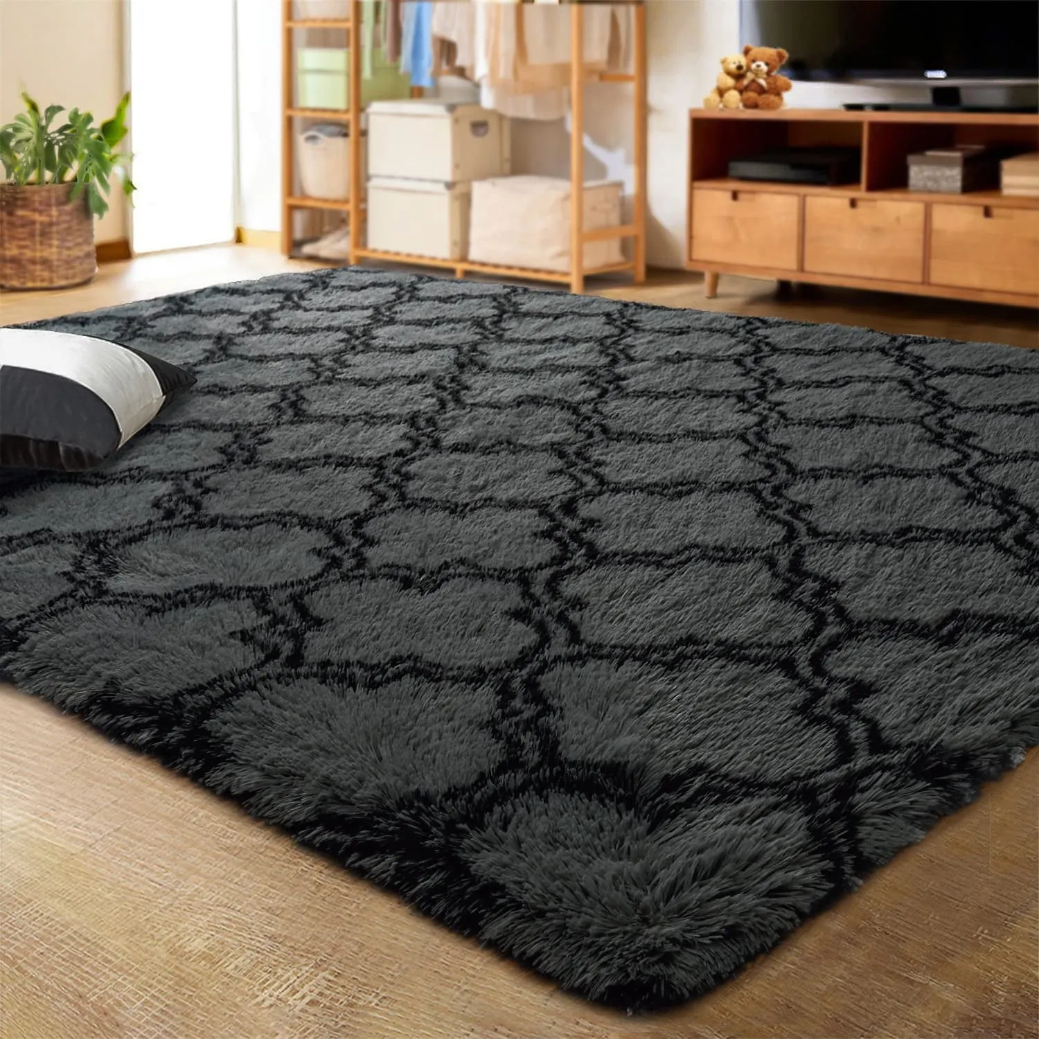 cozy Shaggy Soft Rugs Bedroom Living Room Flully Carpet Home Decor Rug,5'x8',Dark Gray/White Dark Grey/Black 6' x 9'