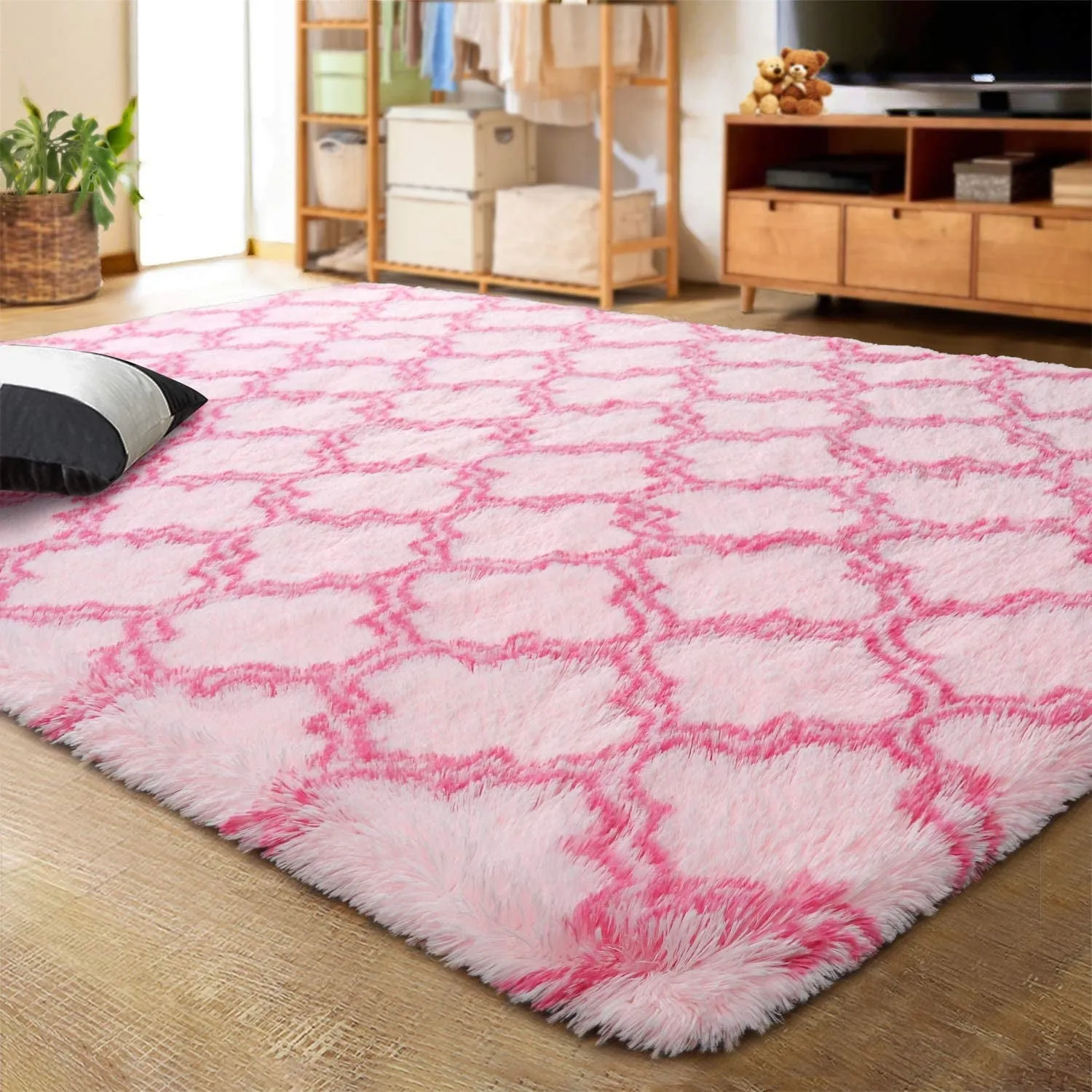 cozy Shaggy Soft Rugs Bedroom Living Room Flully Carpet Home Decor Rug,5'x8',Dark Gray/White Pink/Hot Pink 5' x 8'