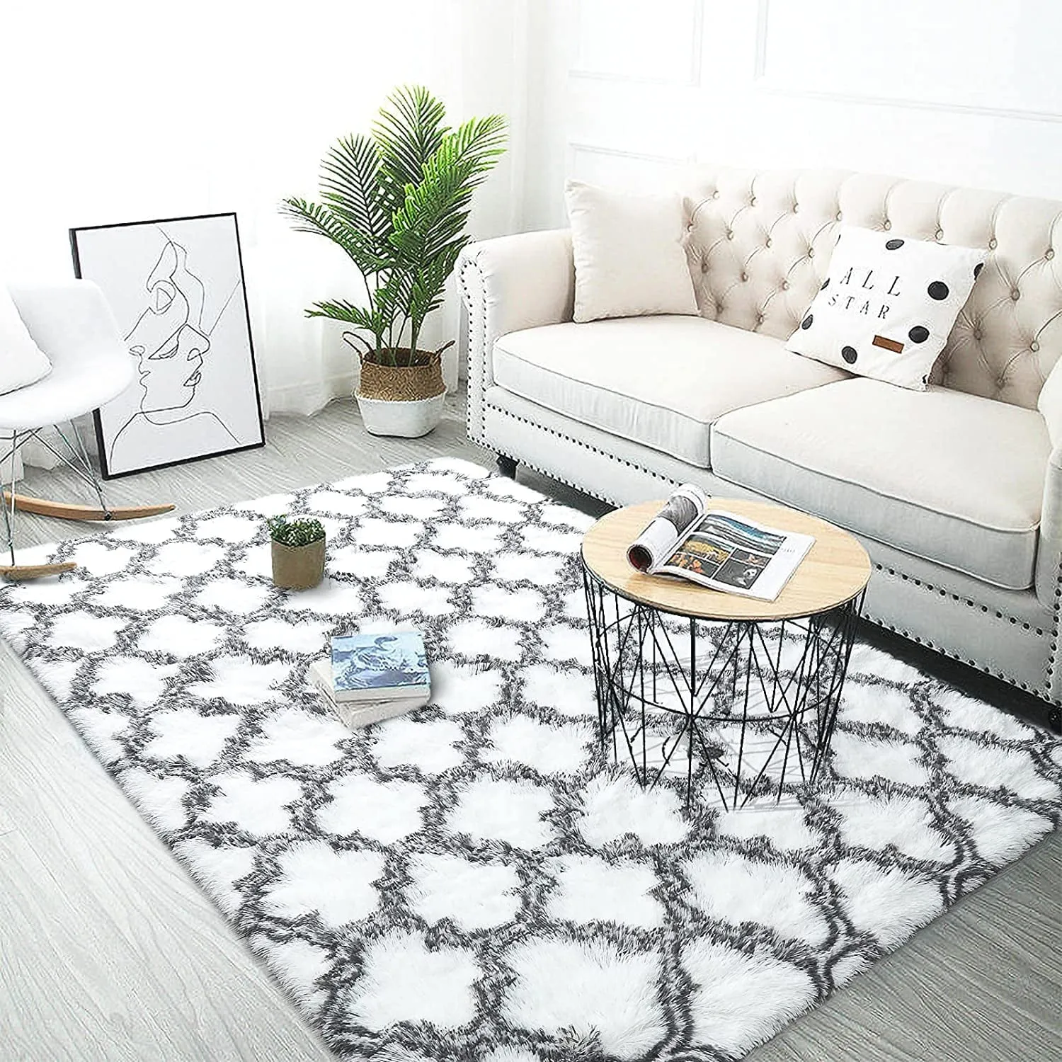 cozy Shaggy Soft Rugs Bedroom Living Room Flully Carpet Home Decor Rug,5'x8',Dark Gray/White White/Black 6' x 9'