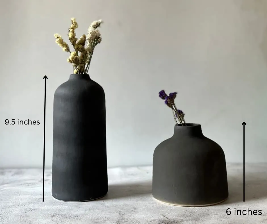 Craftribal Decorative Ceramic Flower Vase | vase for home decor | living room vase | Home Decor Centrepiece, Matte Finish, 9.5 & 6 inches, Black, (Pack of 2)