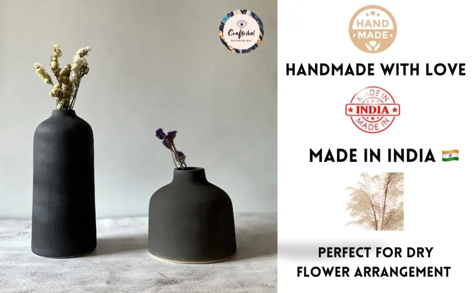 Craftribal Decorative Ceramic Flower Vase | vase for home decor | living room vase | Home Decor Centrepiece, Matte Finish, 9.5 & 6 inches, Black, (Pack of 2)