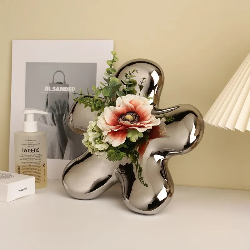 Creative light luxury ceramic silver-plated flower vase desktop decoration living room flower arrangement home decoration decor