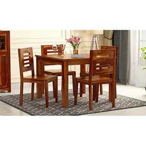 Credenza Solid Sheesham Wood Wooden Dining Table with 4 Chairs | 4 Seater Dining Set | Wooden Dining Table with Chair - Dining Room Furniture | Honey Finish