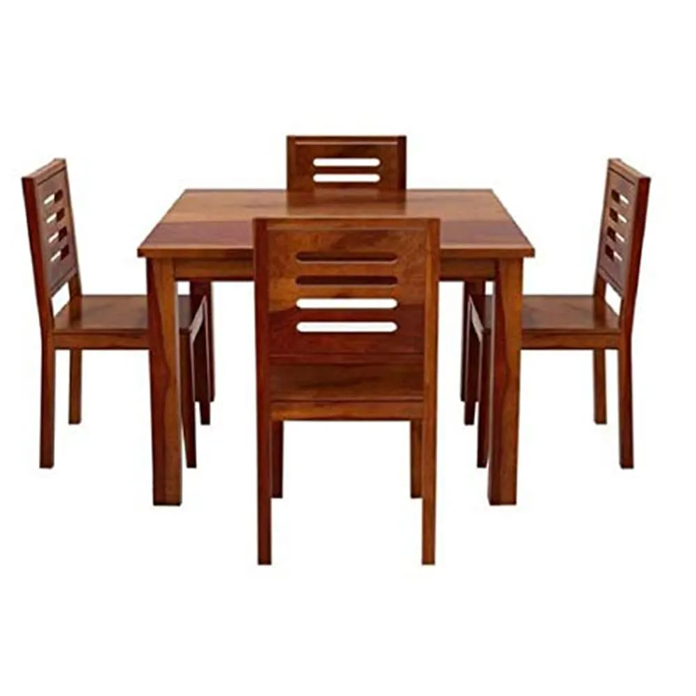 Credenza Solid Sheesham Wood Wooden Dining Table with 4 Chairs | 4 Seater Dining Set | Wooden Dining Table with Chair - Dining Room Furniture | Honey Finish