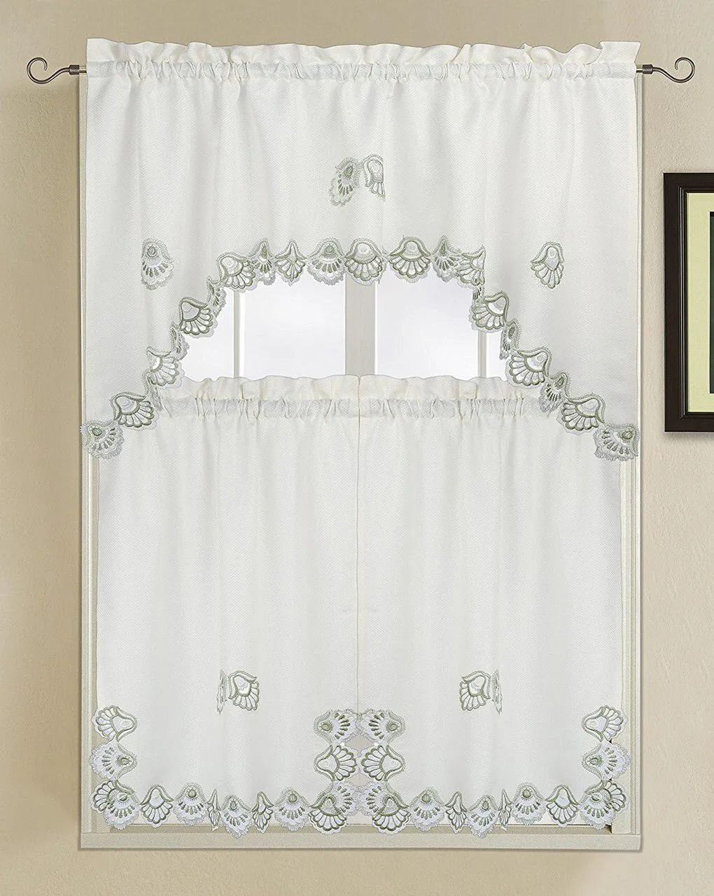 Crest Luxury Embroidered Kitchen 3 Piece Curtain Set