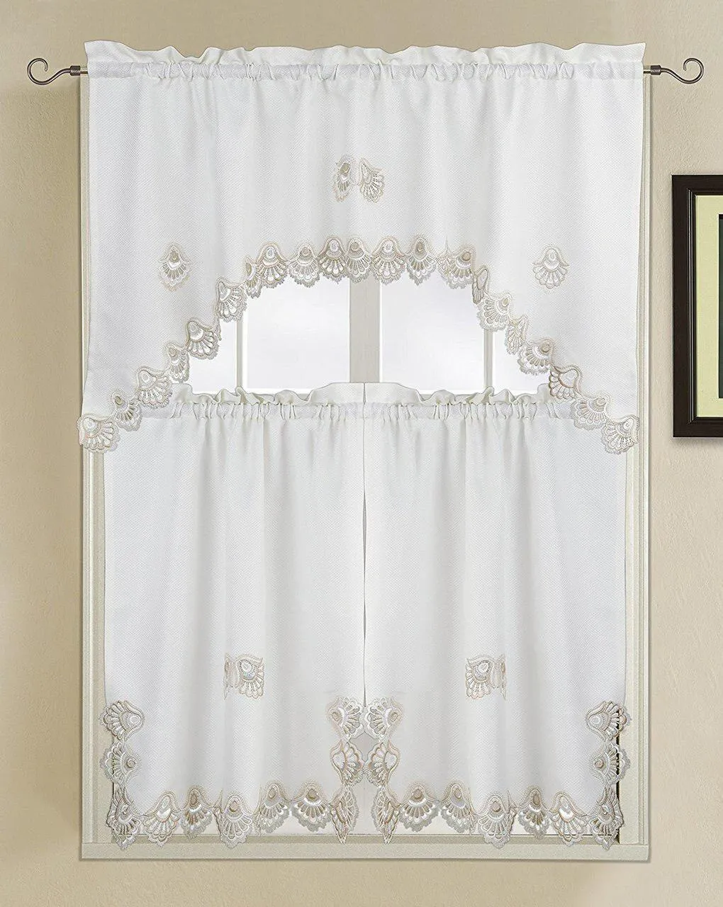 Crest Luxury Embroidered Kitchen 3 Piece Curtain Set