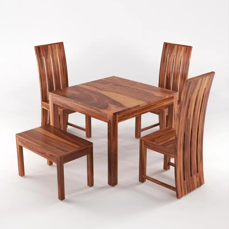 Dream Look Furniture Solid Sheesham Wood Dining Room Sets 4 Seater Dining Table with 3 Chairs & 1 Bench for Dining Room, Living Room, Kitchen, Hotel, Restaurant, Cafeteria (Standard, Honey Finish)