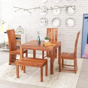 Dream Look Furniture Solid Sheesham Wood Dining Room Sets 4 Seater Dining Table with 3 Chairs & 1 Bench for Dining Room, Living Room, Kitchen, Hotel, Restaurant, Cafeteria (Standard, Honey Finish)