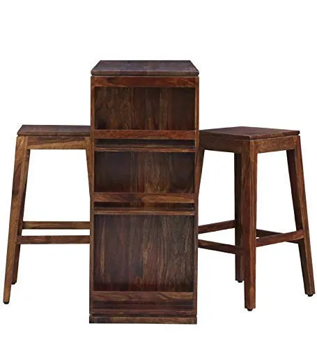 EBANSAL Wooden Bar Table Unit with 2 High Stools | Solid Wood Sheesham, Provincial Teak Finish