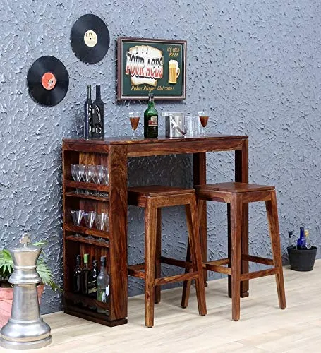 EBANSAL Wooden Bar Table Unit with 2 High Stools | Solid Wood Sheesham, Provincial Teak Finish