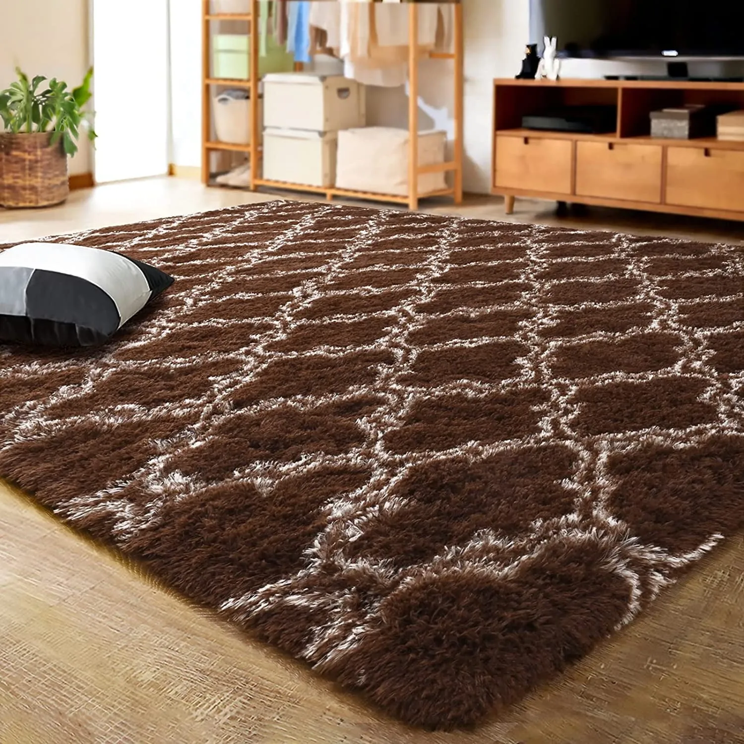 essential Shaggy Soft Rugs Bedroom Living Room Flully Carpet Home Decor Rug,5'x8',Dark Gray/White Brown/Beige 8' x 10'