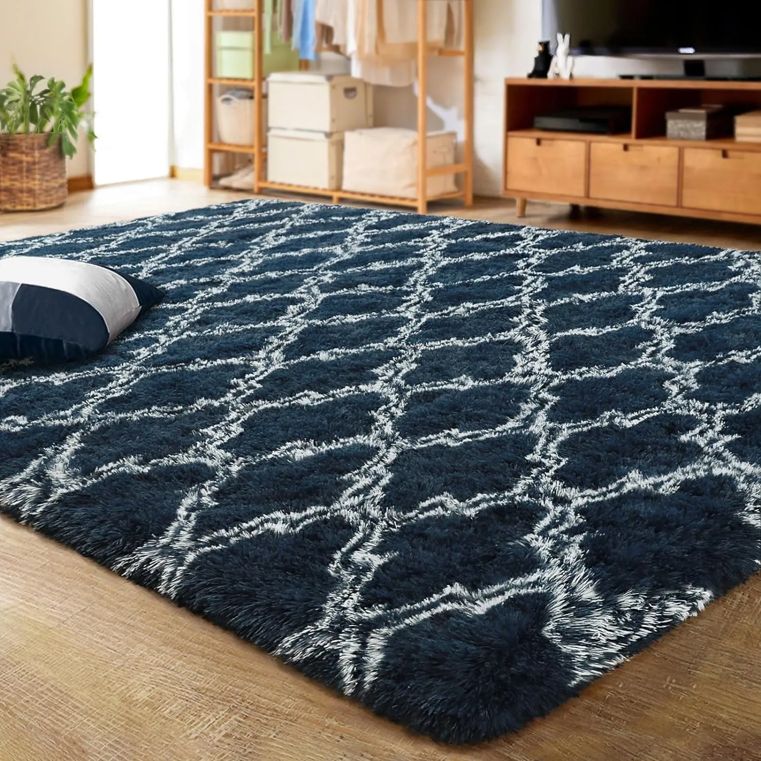 essential Shaggy Soft Rugs Bedroom Living Room Flully Carpet Home Decor Rug,5'x8',Dark Gray/White Navy Blue/White 5' x 8'