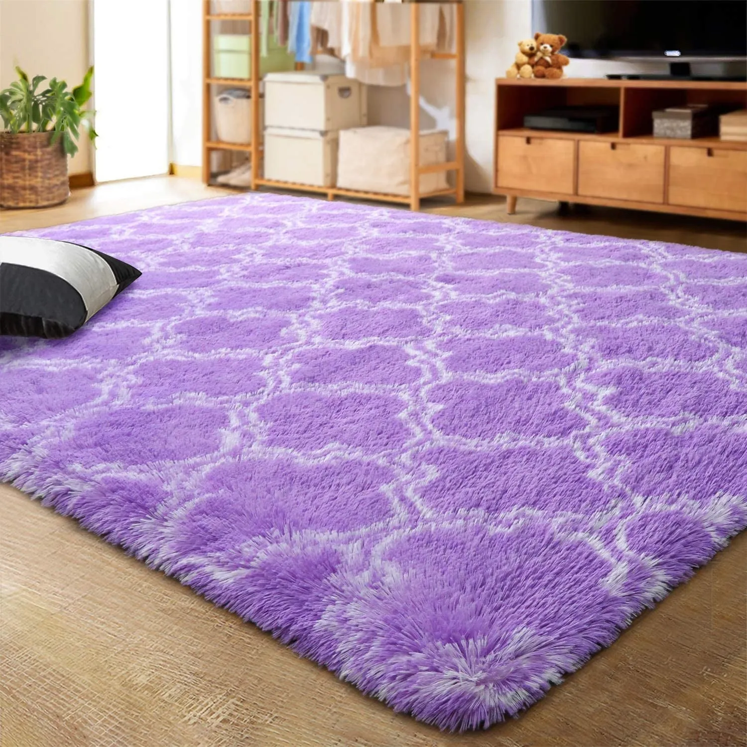 essential Shaggy Soft Rugs Bedroom Living Room Flully Carpet Home Decor Rug,5'x8',Dark Gray/White Purple/White 5' x 8'