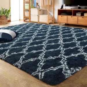 everyday Shaggy Soft Rugs Bedroom Living Room Flully Carpet Home Decor Rug,5'x8',Dark Gray/White Navy Blue/White 6' x 9'