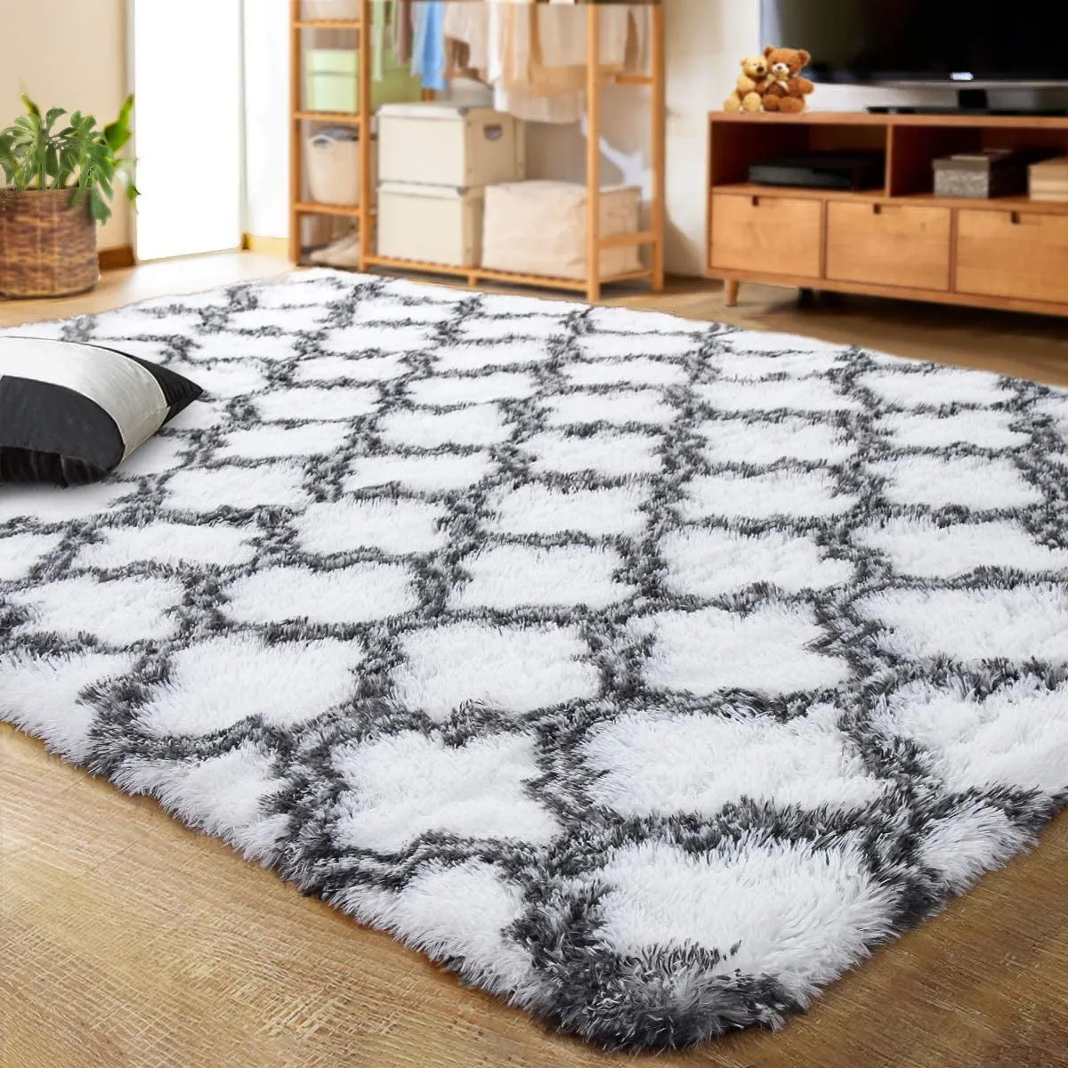 everyday Shaggy Soft Rugs Bedroom Living Room Flully Carpet Home Decor Rug,5'x8',Dark Gray/White White/Black 6' x 9'