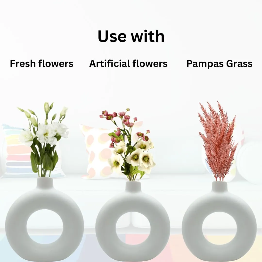 Farkraft White Vase/Flower Vase/Pampas Grass Vase/Ceramic Vase/Round Shaped Vase/Home Decor Centrepiece/Decor Showpiece Donut Vase 4 & 5 Inches (Pack of 2)