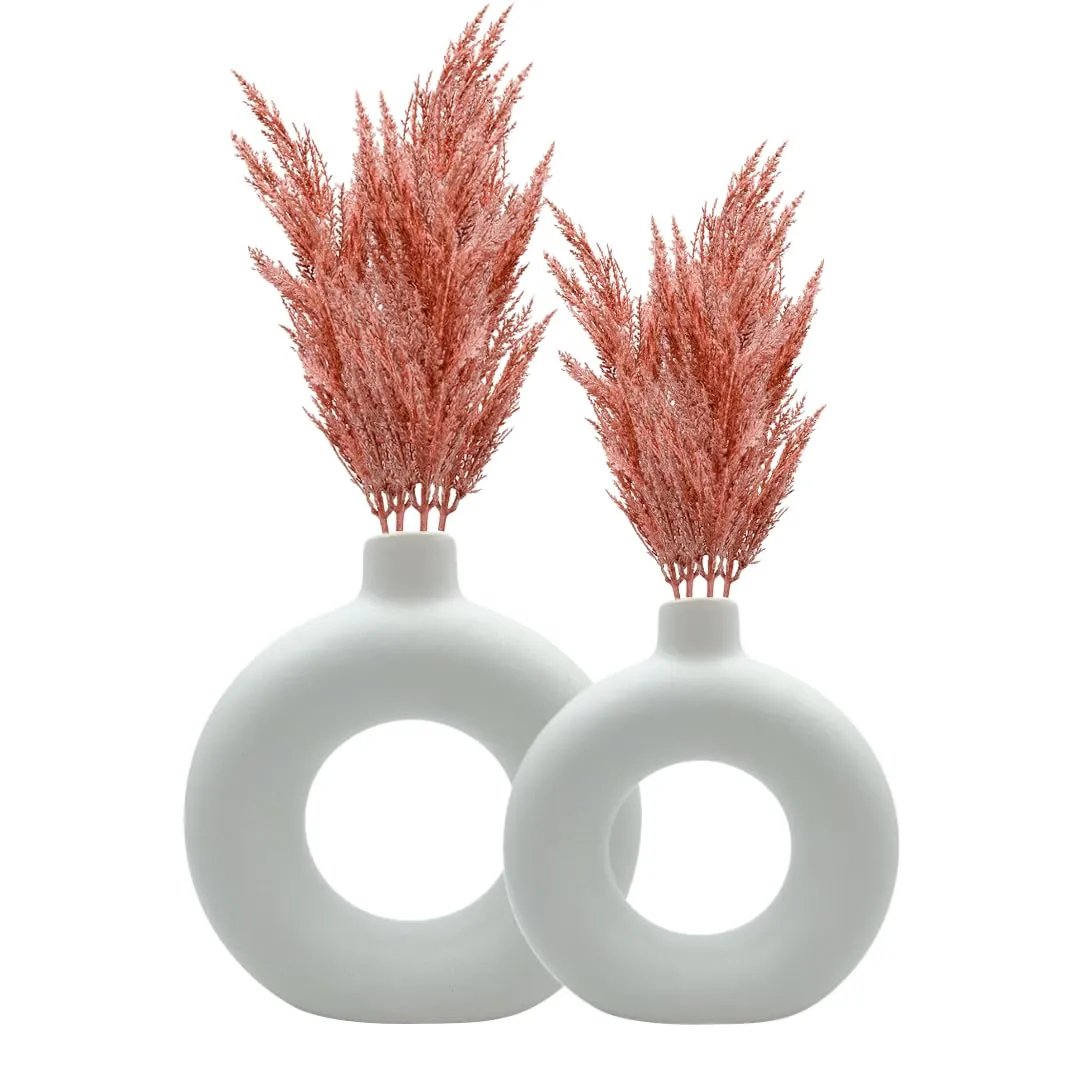 Farkraft White Vase/Flower Vase/Pampas Grass Vase/Ceramic Vase/Round Shaped Vase/Home Decor Centrepiece/Decor Showpiece Donut Vase 4 & 5 Inches (Pack of 2)